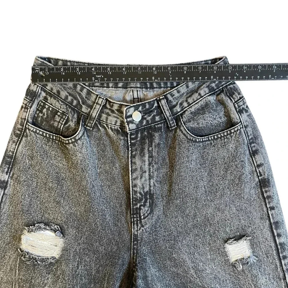 Women’s Wide Leg High Waisted Jeana Distressed Dark Grey Acid Wash Jeans Sz Med - Picture 12 of 12